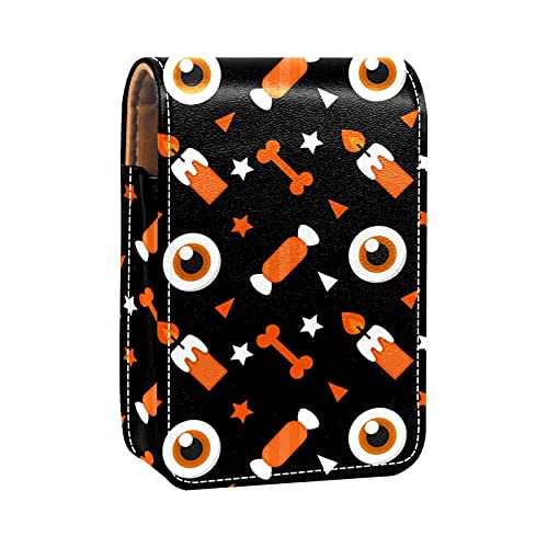 Make-up-Lippenstift-Etui für draußen, Halloween, Kerzen- und Augenball-Muster, tragbarer Lippenstift-Organizer mit Spiegel, Mini-Make-up-Tasche für bis zu 3 Lippenstifte, Mehrfarbig, 9.5x2x7 von GORDESC