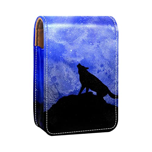 Make-up-Lippenstift-Etui für draußen, Motiv: Wolf und Mond, tragbarer Lippenstift-Organizer mit Spiegel, Mini-Make-up-Tasche für bis zu 3 Lippenstifte, Mehrfarbig, 9.5x2x7 cm/3.7x0.8x2.7 in von GORDESC