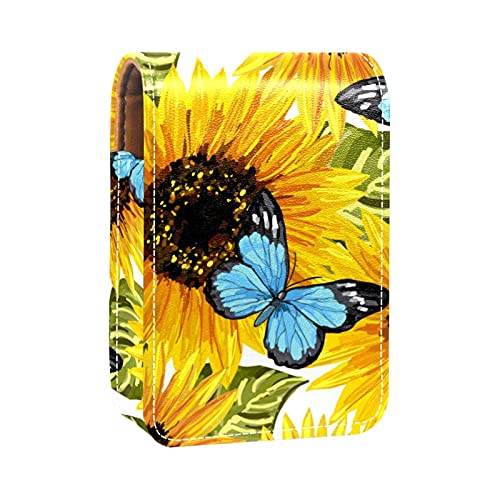 Make-up-Lippenstift-Etui für draußen, Sonnenblume und Schmetterling, tragbarer Lippenstift-Organizer mit Spiegel, Mini-Make-up-Tasche für bis zu 3 Lippenstifte, Mehrfarbig, 9.5x2x7 cm/3.7x0.8x2.7 in von GORDESC