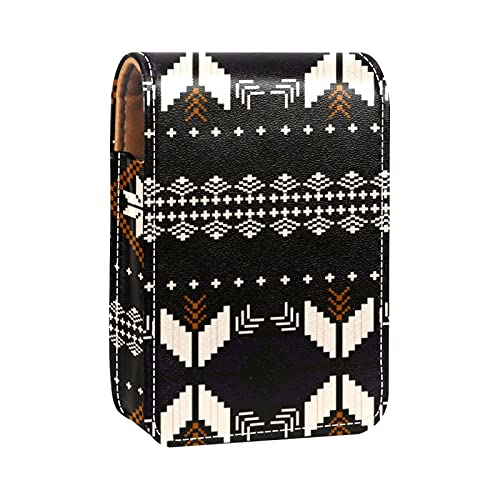 Make-up-Lippenstift-Etui für draußen, Tribal-Muster, dunkle Farbe, geometrisch, tragbarer Lippenstift-Organizer mit Spiegel, Mini-Make-up-Tasche für bis zu 3 Lippenstifte, Mehrfarbig, 9.5x2x7 von GORDESC