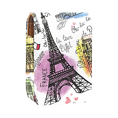 Make-up-Lippenstift-Etui für draußen, Vintage, Paris, Eiffelturm, Postkarte, tragbarer Lippenstift-Organizer mit Spiegel, Mini-Make-up-Tasche, für bis zu 3 Lippenstifte, Mehrfarbig, 9.5x2x7 von GORDESC