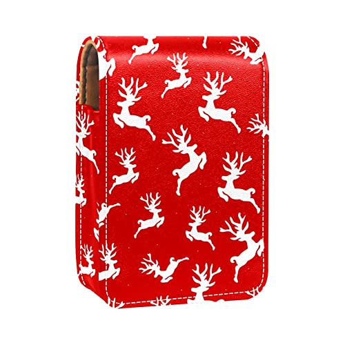 Make-up-Lippenstift-Etui für draußen, Weihnachten, Hirsch, roter Hintergrund, tragbarer Lippenstift-Organizer mit Spiegel, Mini-Make-up-Tasche, für bis zu 3 Lippenstifte, Mehrfarbig, 9.5x2x7 von GORDESC