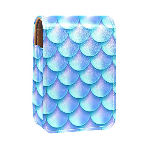 Make-up-Lippenstift-Etui für draußen, blaues Meerjungfrauen-Muster, tragbarer Lippenstift-Organizer mit Spiegel, Mini-Make-up-Tasche für bis zu 3 Lippenstifte, Mehrfarbig, 9.5x2x7 cm/3.7x0.8x2.7 in von GORDESC