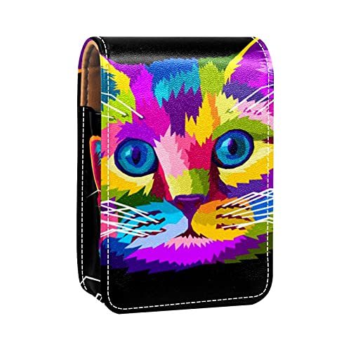 Make-up-Lippenstift-Etui für draußen, bunt, Katze, Tier-Kunstdruck, tragbarer Lippenstift-Organizer mit Spiegel, Mini-Make-up-Tasche für bis zu 3 Lippenstifte, Mehrfarbig, 9.5x2x7 cm/3.7x0.8x2.7 in von GORDESC