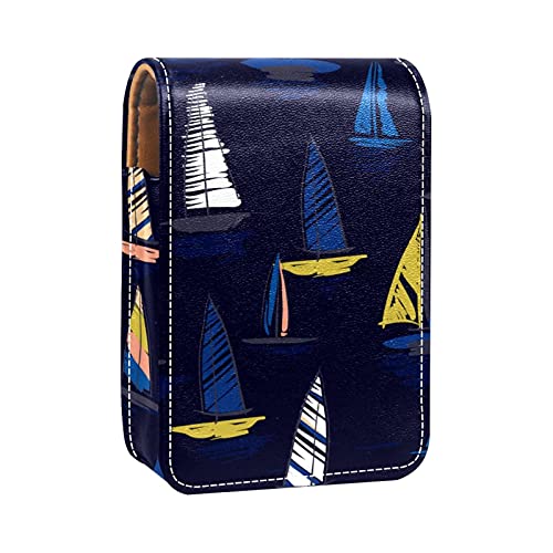 Make-up-Lippenstift-Etui für draußen, dunkelblaues Segelboot-Muster, tragbarer Lippenstift-Organizer mit Spiegel, Mini-Make-up-Tasche für bis zu 3 Lippenstifte, Mehrfarbig, 9.5x2x7 cm/3.7x0.8x2.7 in von GORDESC