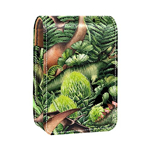 Make-up-Lippenstift-Etui für draußen, grüner Dschungel, Dinosaurierwelt, tragbarer Lippenstift-Organizer mit Spiegel, Mini-Make-up-Tasche für bis zu 3 Lippenstifte, Mehrfarbig, 9.5x2x7 cm/3.7x0.8x2.7 von GORDESC