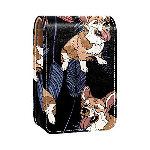 Make-up-Lippenstift-Etui für draußen, niedlicher Hund, Waldblätter, tragbarer Lippenstift-Organizer mit Spiegel, Mini-Make-up-Tasche für bis zu 3 Lippenstifte, Mehrfarbig, 9.5x2x7 cm/3.7x0.8x2.7 in von GORDESC