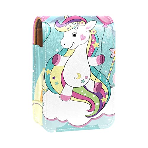 Make-up-Lippenstift-Etui für draußen, niedliches Einhorn, Ballon, Regenbogenwolken, tragbarer Lippenstift-Organizer mit Spiegel, Mini-Make-up-Tasche für bis zu 3 Lippenstifte, Mehrfarbig, 9.5x2x7 von GORDESC