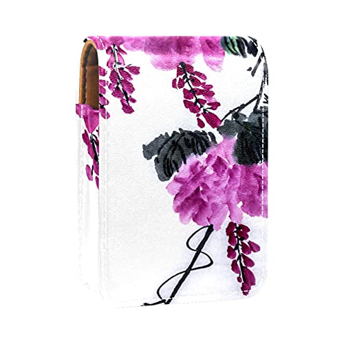 Make-up-Lippenstift-Etui für draußen, weiß, Blumenmuster, Tinte, Malerei, tragbarer Lippenstift-Organizer mit Spiegel, Mini-Make-up-Tasche für bis zu 3 Lippenstifte, Mehrfarbig, 9.5x2x7 cm/3.7x0.8x2.7 von GORDESC