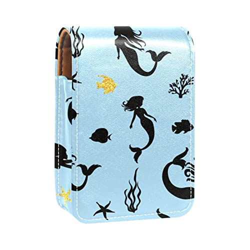 Make-up-Tasche mit Spiegel, Motiv: Ozean, Meerjungfrauen-Fisch, blau, Lipgloss-Halter, Lippenstift-Organizer, Aufbewahrungsbox für Damen, Mehrfarbig, 9.5x2x7 cm/3.7x0.8x2.7 in von GORDESC