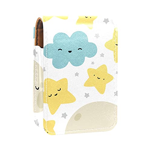 Moon Cloud Stars Lippenstift-Etui, tragbar, Make-up-Tasche, Reise-Lippenstift-Organizer, Etui mit Spiegel, Mini-Lippenstift-Aufbewahrungsbox für Damen, Blau / Gelb, Mehrfarbig, 9.5x2x7 cm/3.7x0.8x2.7 von GORDESC