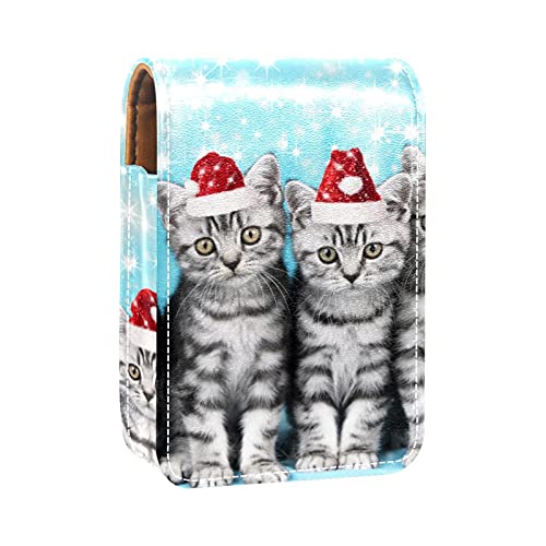 Niedliche Katzen mit roter Weihnachtsmütze, Lipgloss-Halter, Lippenstift-Etui, tragbare Make-up-Tasche, Reise-Lippenstift-Organizer, Etui mit Spiegel, Mini-Lippenstift-Aufbewahrungsbox für Frauen, von GORDESC