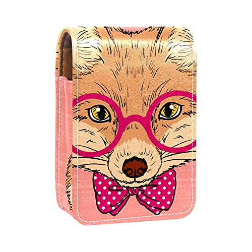 Niedlicher Hipster-Fuchs mit Brillen-Schleife, Lipgloss-Halter, Lippenstift-Etui, tragbare Make-up-Tasche, Reise-Lippenstift-Organizer, Etui mit Spiegel, Mini-Lippenstift-Aufbewahrungsbox für Frauen, von GORDESC