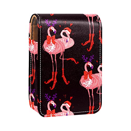Niedlicher lustiger Flamingo mit Weihnachtsmütze, Lipgloss-Halter, Lippenstift-Etui, tragbare Make-up-Tasche, Reise-Lippenstift-Organizer, Etui mit Spiegel, Mini-Lippenstift-Aufbewahrungsbox für von GORDESC