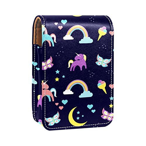 Niedliches buntes Einhorn- und Regenbogen-Muster, Lipgloss-Halter, Lippenstift-Etui, tragbare Make-up-Tasche, Reise-Lippenstift-Organizer, Etui mit Spiegel, Mini-Lippenstift-Aufbewahrungsbox für von GORDESC