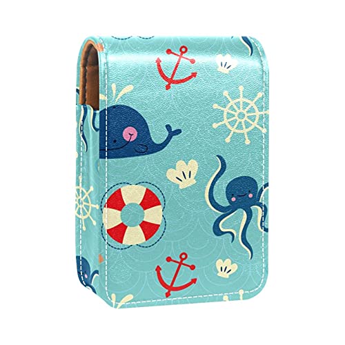 Octopus Wale Kompass Rettungsgürtel Lipgloss Halter Lippenstift-Etui Tragbare Make-up-Tasche Reise Lippenstift Organizer Etui mit Spiegel Mini Lippenstift Aufbewahrungsbox für Frauen, Mehrfarbig, von GORDESC