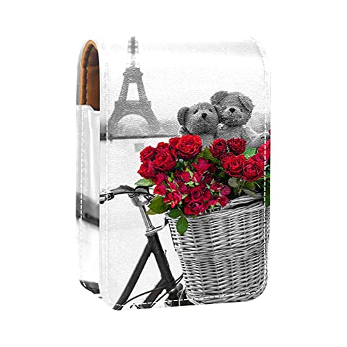 Paris Eiffelturm mit Fahrrad Rose Lipgloss Halter Lippenstift-Etui Tragbare Make-up-Tasche Reise Lippenstift Organizer Etui mit Spiegel Mini Lippenstift Aufbewahrungsbox für Frauen, Mehrfarbig, von GORDESC