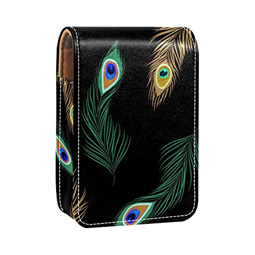 Peacock-Feather Lipgloss-Halter, Lippenstift-Etui, tragbare Make-up-Tasche, Reise-Lippenstift-Organizer, Etui mit Spiegel, Mini-Lippenstift-Aufbewahrungsbox für Damen, Mehrfarbig, 9.5x2x7 von GORDESC