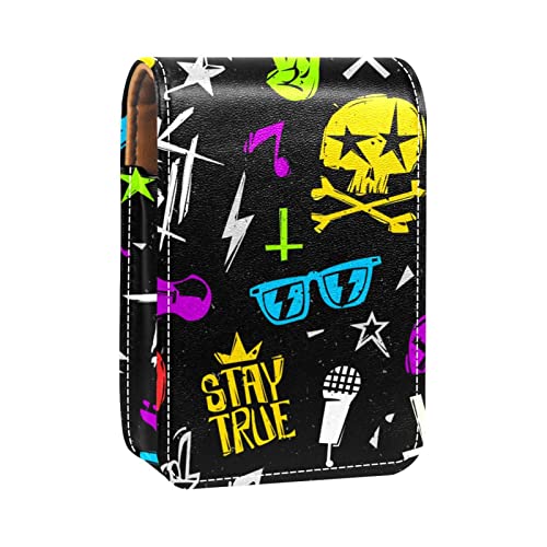 Rock 'n' Roll Lippenstift-Etui mit Totenkopf-Motiv, tragbare Make-up-Tasche, Reise-Lippenstift-Organizer, Etui mit Spiegel, Mini-Lippenstift-Aufbewahrungsbox für Damen, Mehrfarbig, 9.5x2x7 von GORDESC