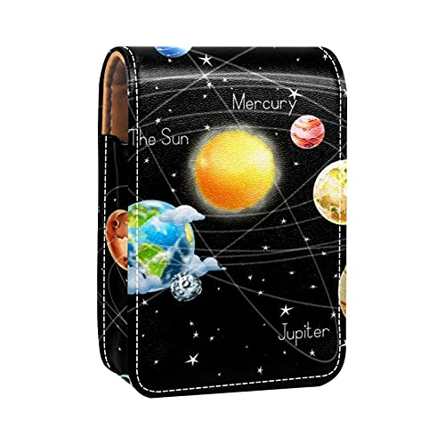 Solar System Planet Lipgloss-Halter, Lippenstift-Etui, tragbare Make-up-Tasche, Reise-Lippenstift-Organizer, Etui mit Spiegel, Mini-Lippenstift-Aufbewahrungsbox für Frauen, Mehrfarbig, 9.5x2x7 von GORDESC