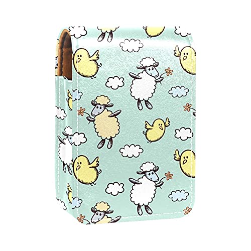 Spring Sheep & Birds Lipgloss-Halter, Lippenstift-Etui, tragbare Make-up-Tasche, Reise-Lippenstift-Organizer, Etui mit Spiegel, Mini-Lippenstift-Aufbewahrungsbox für Frauen, Mehrfarbig, 9.5x2x7 von GORDESC