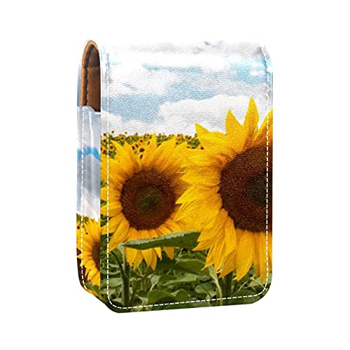 Sunflower Field Lippenstift-Halter, tragbare Make-up-Tasche, Reise-Lippenstift-Organizer, mit Spiegel, Mini-Lippenstift-Aufbewahrungsbox für Damen, Gelb, Mehrfarbig, 9.5x2x7 cm/3.7x0.8x2.7 in von GORDESC