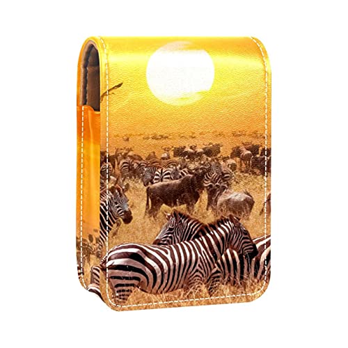 Sunset and Zebra Lipgloss-Halter, Lippenstift-Etui, tragbare Make-up-Tasche, Reise-Lippenstift-Organizer, Etui mit Spiegel, Mini-Lippenstift-Aufbewahrungsbox für Frauen, Mehrfarbig, 9.5x2x7 von GORDESC