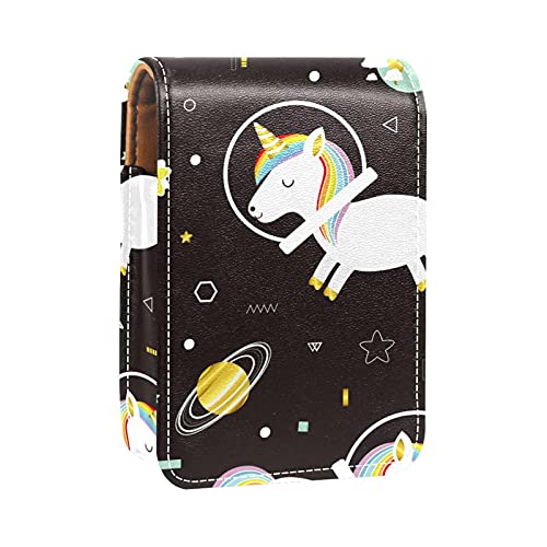 Unicorn Space Lippenstift-Organizer, schwarzer Hintergrund, Lippenstift-Etui, tragbare Make-up-Tasche, Reise-Lippenstift-Organizer, Etui mit Spiegel, Mini-Lippenstift-Aufbewahrungsbox für Damen, von GORDESC