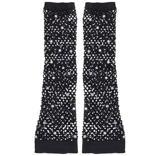 GORGECRAFT 2 Paar Damen Netzhandschuhe Mit Strasssteinen Schwarz 80 Stück Nylon Stulpen Netzhandschuhe Fingerlos Glitzernd Fischnetz Armmanschette Für Frauen Und Mädchen Mottoparty Kostüm Halloween von GORGECRAFT