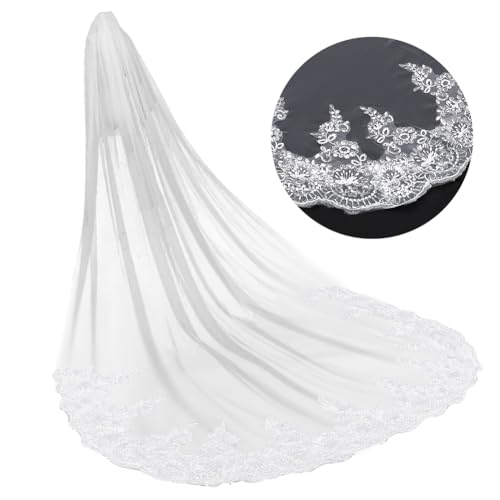 GORGECRAFT 400cm Hochzeits-Kathedralenschleier Langer Brautschleier Aus Mesh-Tüll Mit Kunststoff-Pailletten Einfacher Hochzeitsschleier Mit Kamm Kopfbedeckung Brautschleier Taillenlänge Für Frauen von GORGECRAFT