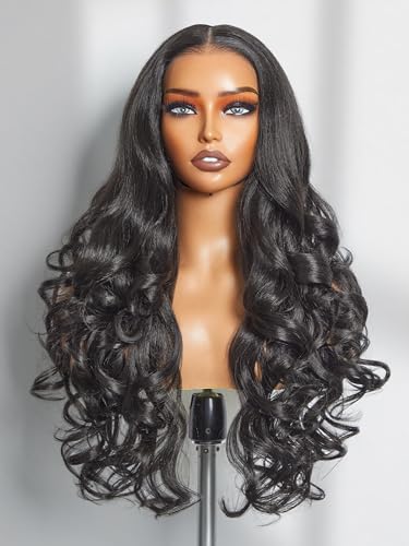 GORGIUS Schwarze gewellte Lace-Front-Perücke, vorgeschnitten, klebstofffrei, synthetisch, langes Haar, Mittelscheitel, Frontalperücke für Damen, 66 cm GORGIUS Schwarze gewellte Lace-Front-Perücke, vorgeschnitten, klebstofffrei, synthetisch, langes Haar, Mittelscheitel, Frontalperücke für Damen, 66 cm von GORGIUS
