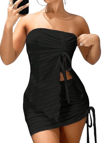 GORGLITTER 2 Teiler Damen Sommer Kurz Zweiteiler Rock Und Top Set Sexy Minirock Bandeau Crop Top Sommer Outfits Y2k Set Schwarz M von GORGLITTER