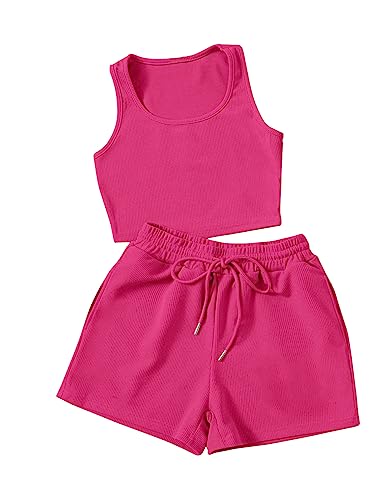 GORGLITTER 2 Teiler Damen Sommer Outfit Shorts Und Top Set Freizeitanzug Zweiteiler Hose Und Top Hauseanzug Kurz Jogginganzug Set Heißes Pink M von GORGLITTER