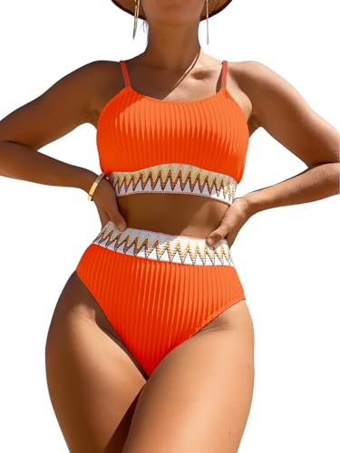 GORGLITTER 2-teiliges Bademode Badeanzug Damen Boho Bikini Set Cami Swimmsuit Hohe Taille Swimmwear Sets Orange M von GORGLITTER