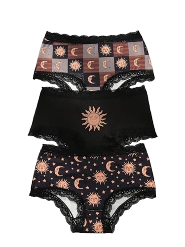 GORGLITTER 3 Stück Unterhose Damen Mittelhohe Taille Höschen Spitzen Panty Thong Hipster Slips Unterwäsche mit Galaxie Muster Schwarz S von GORGLITTER