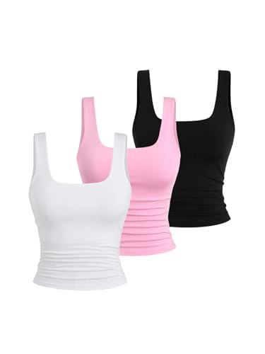 GORGLITTER Damen 3er Pack Tank Tops Crop Oberteil Basic Trägertop Untertop Rosa Mehrfarbig S von GORGLITTER