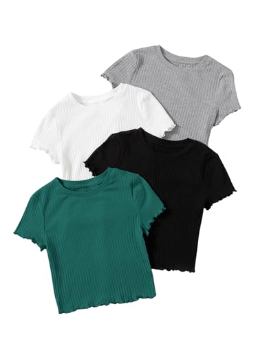 GORGLITTER 4 Stücke T-Shirt Damen Bauchfrei T-Shirts Crop Top Basic Oberteile Rippenstrick Kurzarmshirts mit Wellensaum Grau Weiß Schwarz Grün XS von GORGLITTER