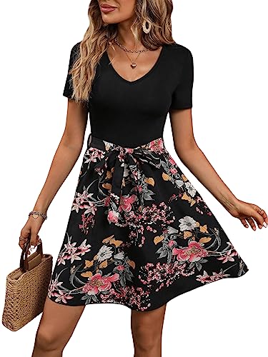 GORGLITTER A Linie Kleid Damen 2-in-1 Kurzkleider Geblümt Sommerkleid V-Ausschnitt Boho Blumenkleid Faltenkleid mit Gürtel Rosa L von GORGLITTER