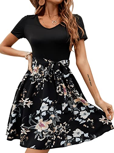 GORGLITTER A Linie Kleid Damen 2-in-1 Kurzkleider Geblümt Sommerkleid V-Ausschnitt Boho Blumenkleid Faltenkleid mit Gürtel Schwarz L von GORGLITTER