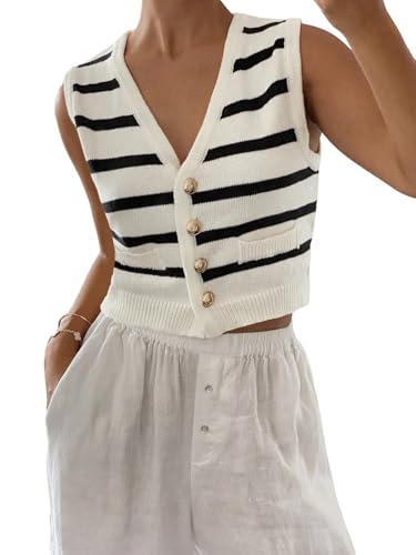 GORGLITTER Ärmellose Strickweste Damen Elegant Gestreift Weste mit V-Ausschnitt Knopfleiste vorne Cropped Westen Strick Pulllover mit Streifen Schwarz und Weiß S von GORGLITTER