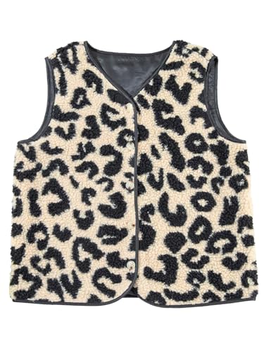 GORGLITTER Ärmellose Weste Jacke Damen Leoprint Leicht Teddy Westen Teddyjacke Winterjacke mit Knöpfen Open Front Mantel Herbst Outfit Leo XL von GORGLITTER