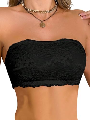 GORGLITTER BH Damen Bandeau Unterwäsche Trägerlos Rückenfrei Bra Bequem BHS mit Spitze Seite Verschluss Bralette Bralettes ohne Bügel Schwarz M von GORGLITTER