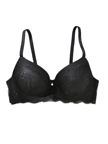 GORGLITTER BH Damen Elegant BHS mit Transparent Spitze Patchwork Bra mit Bügel Spaghettiträger Bralette Push Up Durchsichtige Bralette Schwarz 70B von GORGLITTER