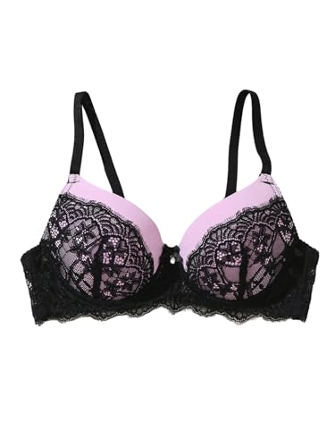 GORGLITTER BH Damen Elegant BHS mit Transparent Spitze Patchwork Bra mit Bügel Spaghettiträger Bralette Push Up Durchsichtige Bralette Schwarz und Rosa 75B von GORGLITTER