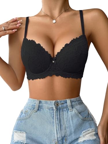 GORGLITTER BH Damen Elegant Bügel BHS V Ausschnitt Bra mit Spitze Bequem Bralette mit Verstellbare Träger Einfarbig Unterwäsche Push Up BH Schwarz 75C von GORGLITTER
