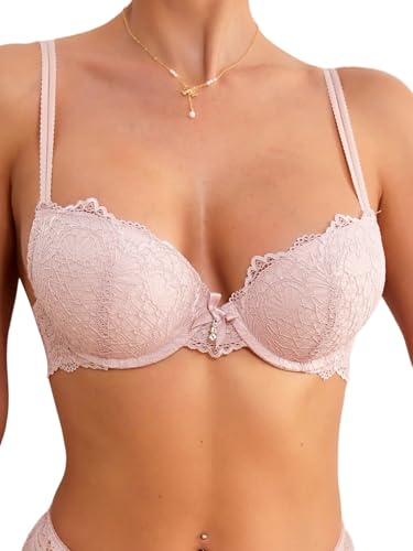 GORGLITTER BH Damen Elegant Spitze BHS mit Bügel Verstellbare Träger Bra Push Up Unterbügel-BH Bequem Bralette Unterwäsche Rosa 75A von GORGLITTER
