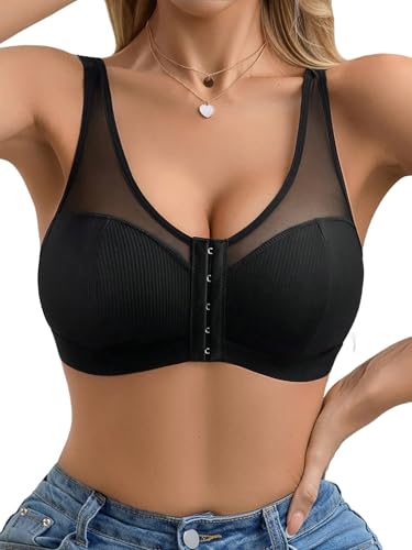 GORGLITTER BH Damen Mesh Bra Ohne Bügel Unterwäsche Mit Breiten Trägern Klassische Bralette Mit Vorderverschluss Baumwolle Top Bustier Underwear Schwarz L von GORGLITTER