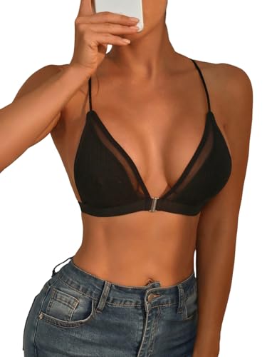GORGLITTER BH Vorderverschluss Damen ohne Bügel Triangle Bralette Netzstoff Bustier Bralettes Spaghettiträgern Bra Unterwäsche Elastizität BHS Schwarz S von GORGLITTER