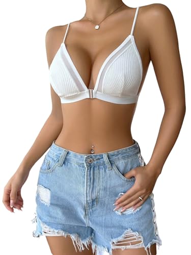 GORGLITTER BH Vorderverschluss Damen ohne Bügel Triangle Bralette Netzstoff Bustier Bralettes Spaghettiträgern Bra Unterwäsche Elastizität BHS Weiß XL von GORGLITTER
