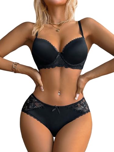 GORGLITTER BHS Damen mit Bügel Push Up Brüste Klassische Spitzen BH Set Bequemer Unterwäsche Balconette Bra Dessous Set Brakette Und Slip Push Up Schwarz XS von GORGLITTER
